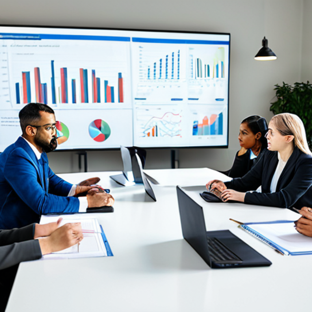 A professional group of diverse individuals, including male and female logistics experts and trainees, dressed in modest business casual attire, engaged in a focused learning session. They are gathered around a modern conference table in a well-lit training room, looking at a large screen displaying complex supply chain flowcharts. The atmosphere is collaborative and professional. Perfect anatomy, correct proportions, natural pose, well-formed hands, proper finger count, natural body proportions, professional photography, high resolution, fully clothed, appropriate attire, modest clothing, safe for work, appropriate content, professional.