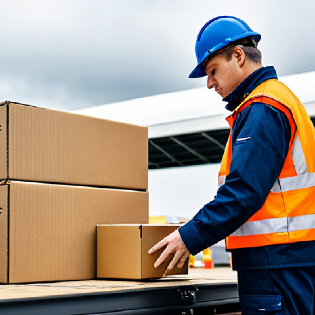 **
A logistics worker in a professional uniform inspecting a securely packaged cardboard box at an airport cargo facility, fully clothed, appropriate attire, safe for work, surrounded by other packages, emphasizing the importance of cargo safety, perfect anatomy, natural proportions, professional photography, high quality.
**