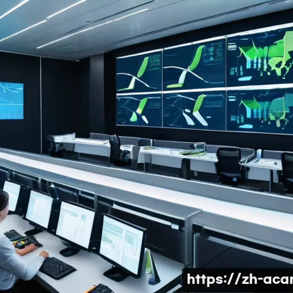 항공화물 컨설턴트로의 커리어 전환 - A modern air cargo logistics control center bustling with activity, featuring a diverse team of prof...
