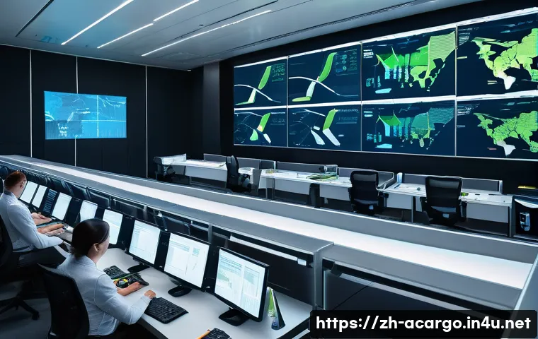 항공화물 컨설턴트로의 커리어 전환 - A modern air cargo logistics control center bustling with activity, featuring a diverse team of prof...