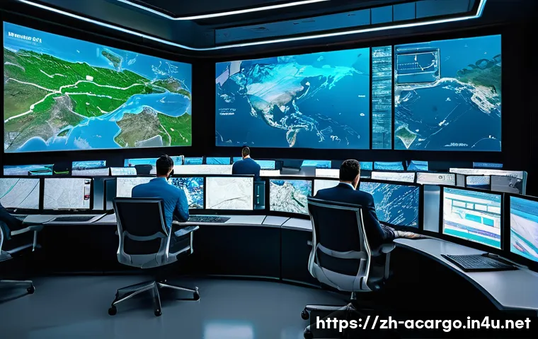 항공화물 산업에서 데이터 분석 활용하기 - A high-tech airline cargo control center featuring multiple large digital screens displaying real-ti...