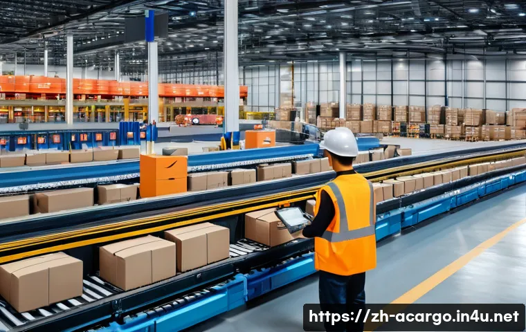 항공화물 처리 시간 단축 방법 - A modern logistics warehouse interior with advanced automated sorting equipment in action, conveyor ...