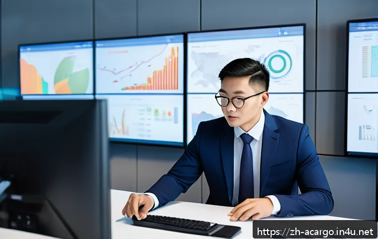 항공화물 전문가로서의 자기 브랜딩 - A professional Chinese male aviation freight manager in a modern airport office, wearing a sharp bus...