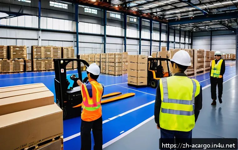 항공화물 실무 사례 분석 - A modern air cargo warehouse scene showcasing neatly organized modular packaging boxes designed for ...
