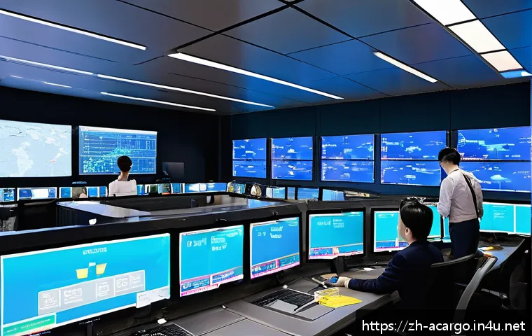 항공화물 회사의 조직 구조 이해 - A busy, modern air cargo operations control room with diverse professionals monitoring large digital...