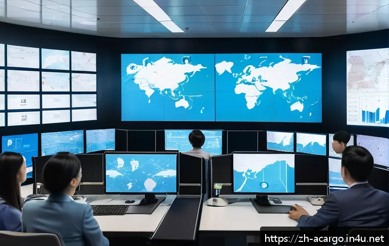 항공화물 전문가가 알아야 할 법적 규제 - A modern, high-tech air cargo compliance control center with professionals analyzing multi-country a...