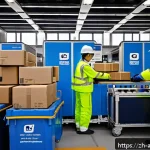 항공화물 리스크 관리 전략 - A detailed scene inside a modern airport cargo terminal showing workers carefully handling fragile p...