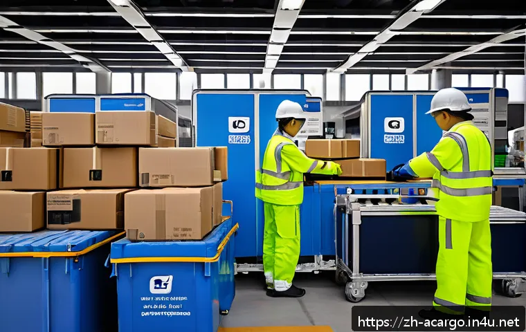 항공화물 리스크 관리 전략 - A detailed scene inside a modern airport cargo terminal showing workers carefully handling fragile p...