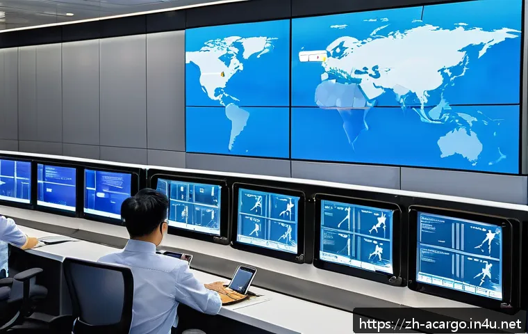 항공화물 전문가의 자기 계발 전략 - A detailed, modern air cargo operations control room scene in a busy international airport, showing ...