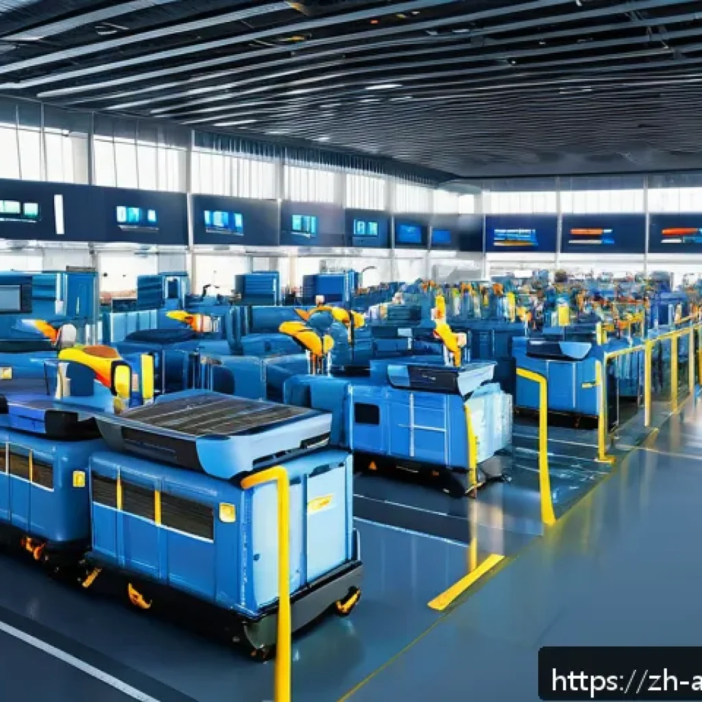 항공화물 공급망 관리 노하우 - A modern, busy airport cargo terminal scene showing advanced digital tracking systems in use: worker...