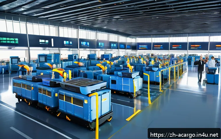 항공화물 공급망 관리 노하우 - A modern, busy airport cargo terminal scene showing advanced digital tracking systems in use: worker...