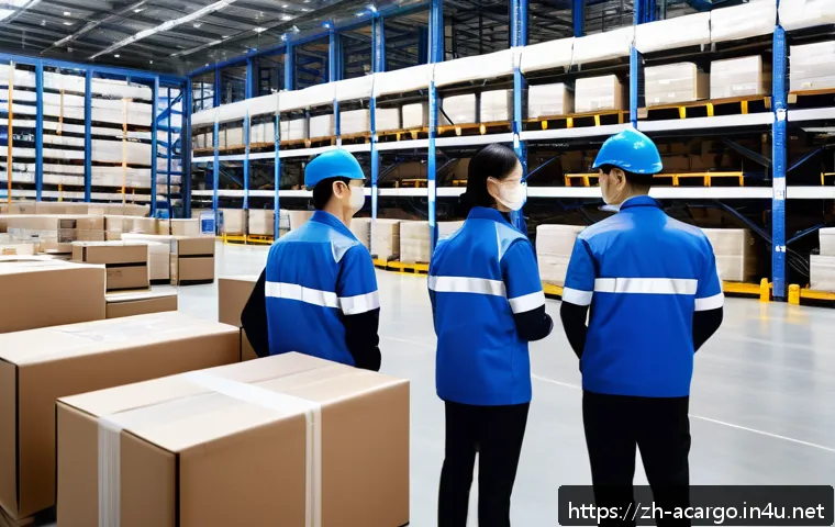 항공화물 배송 추적 시스템 이해하기 - A high-tech airport cargo warehouse scene featuring workers managing shipments equipped with small, ...