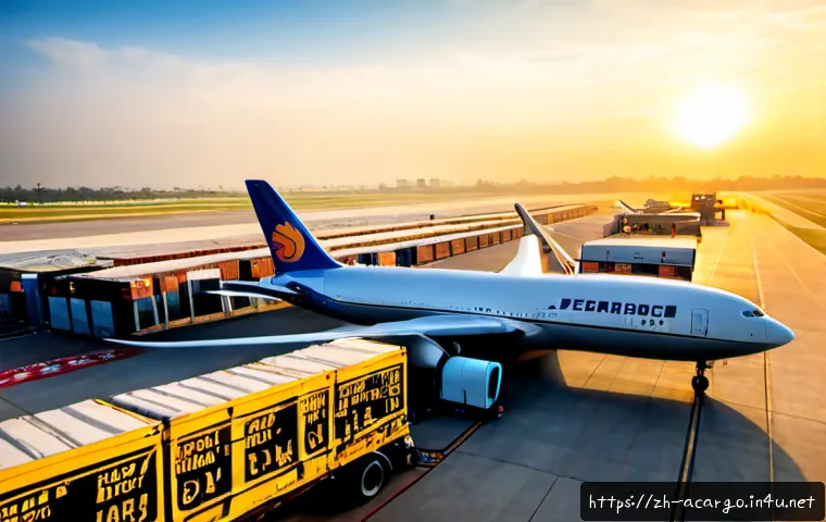 항공화물업계 트렌드와 전망 - Photorealistic modern air cargo terminal at sunrise, wide-angle view of cargo aircraft being loaded ...
