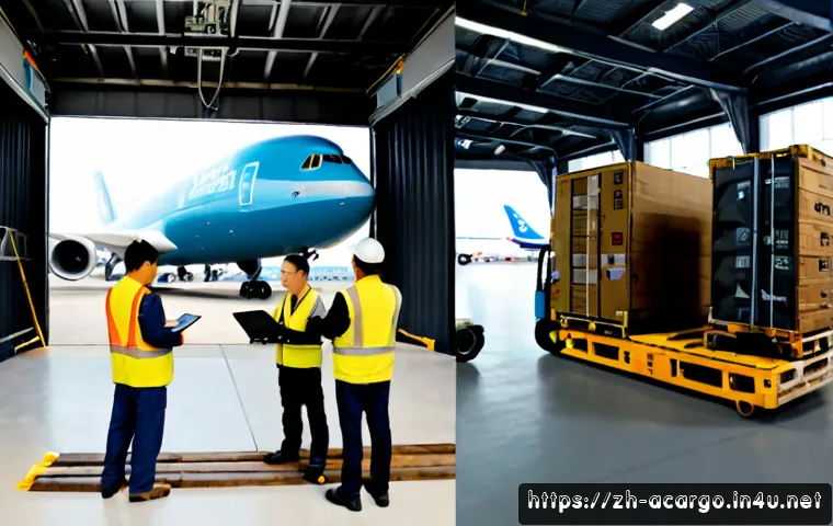항공화물 이론과 실무의 차이 - Photorealistic split-scene inside a modern air cargo terminal: on the left, a logistics planner stud...