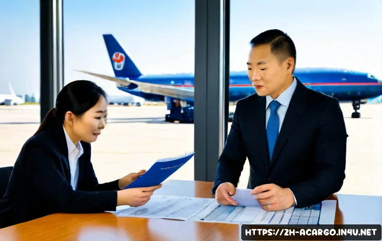 항공화물 계약 협상 사례 분석 - Photorealistic air cargo contract negotiation in a modern airport logistics office, two business pro...