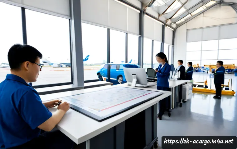 항공화물 관련 연구 및 논문 주제 - Photorealistic air cargo research scene, diverse logistics researchers in a modern airport operation...